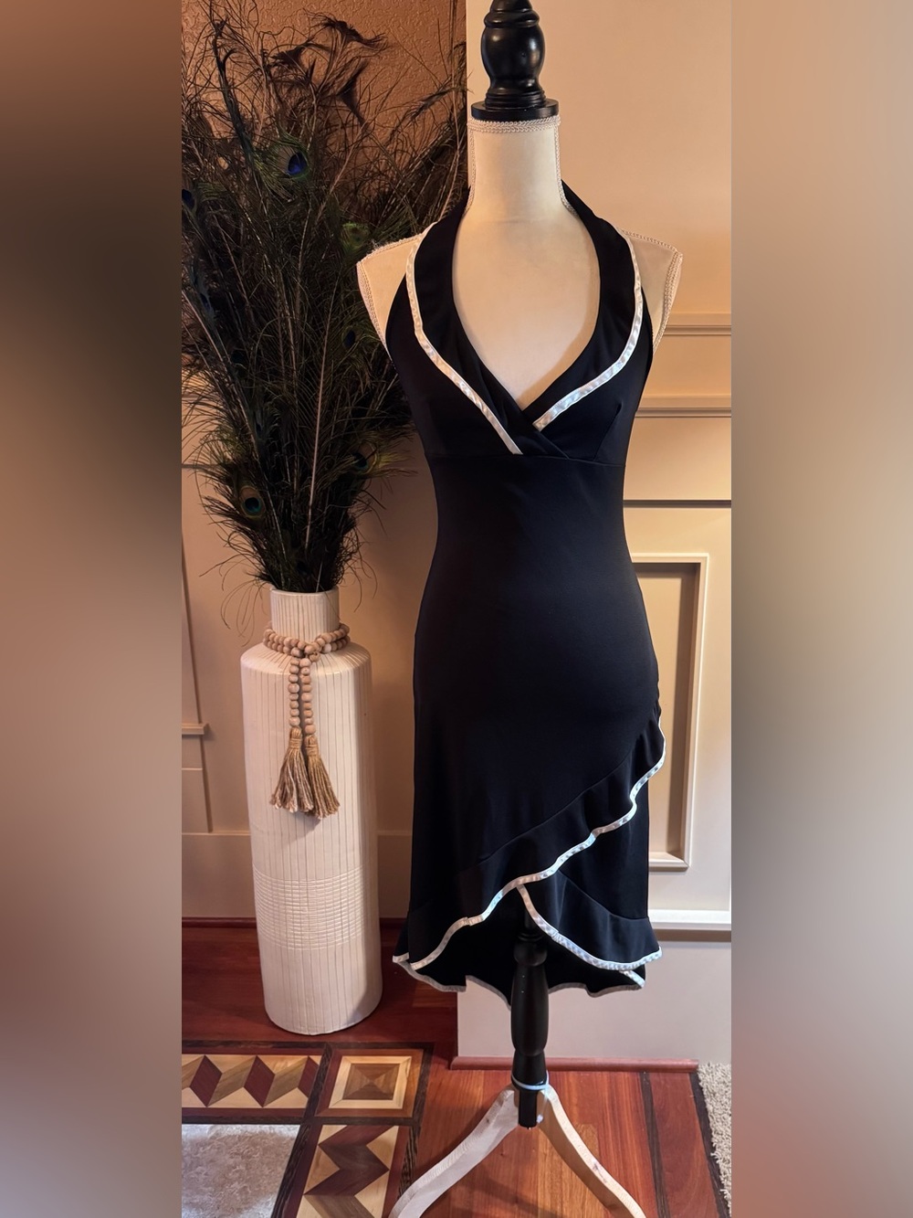 Y2K Ruby Rox Black Halter Neck Dress with White Trim